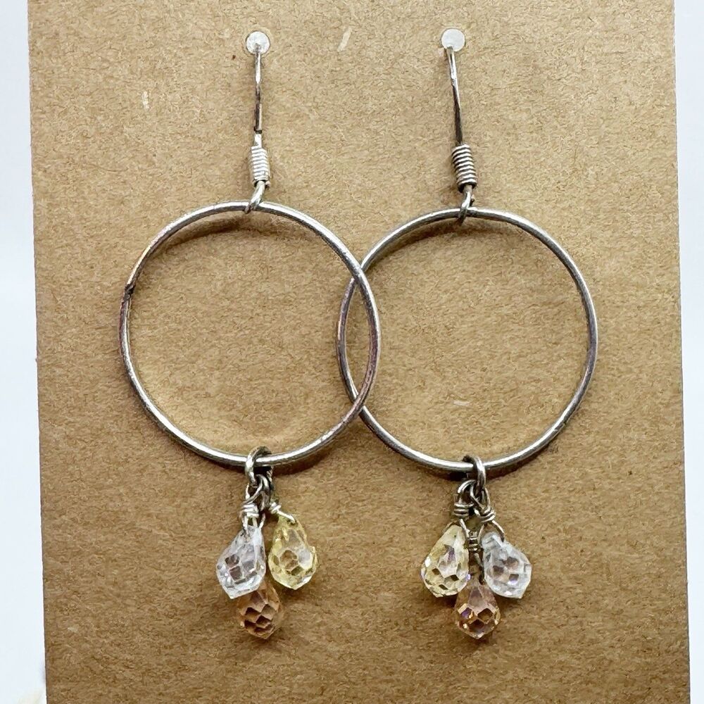 Sterling Silver Dangling Hoops With Faceted Crystal Beads